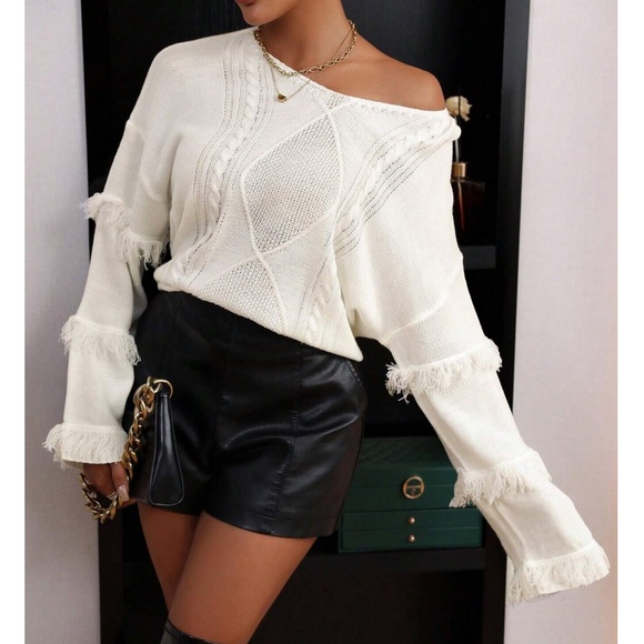 03 Cozy Fringe Sleeve Knit Oversized Sweater Top - Picture 5 of 6